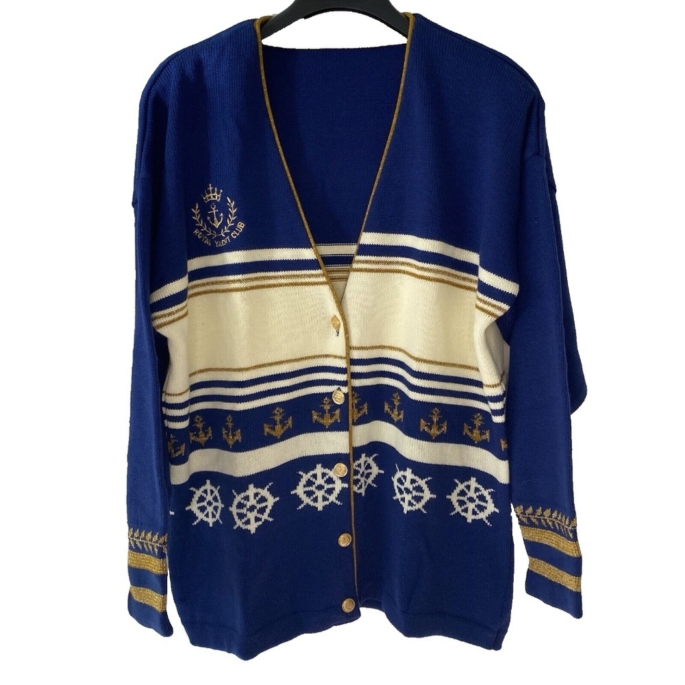 Vintage Natural Made In England Royal Yacht Club Cardigan Blue Cream Gold